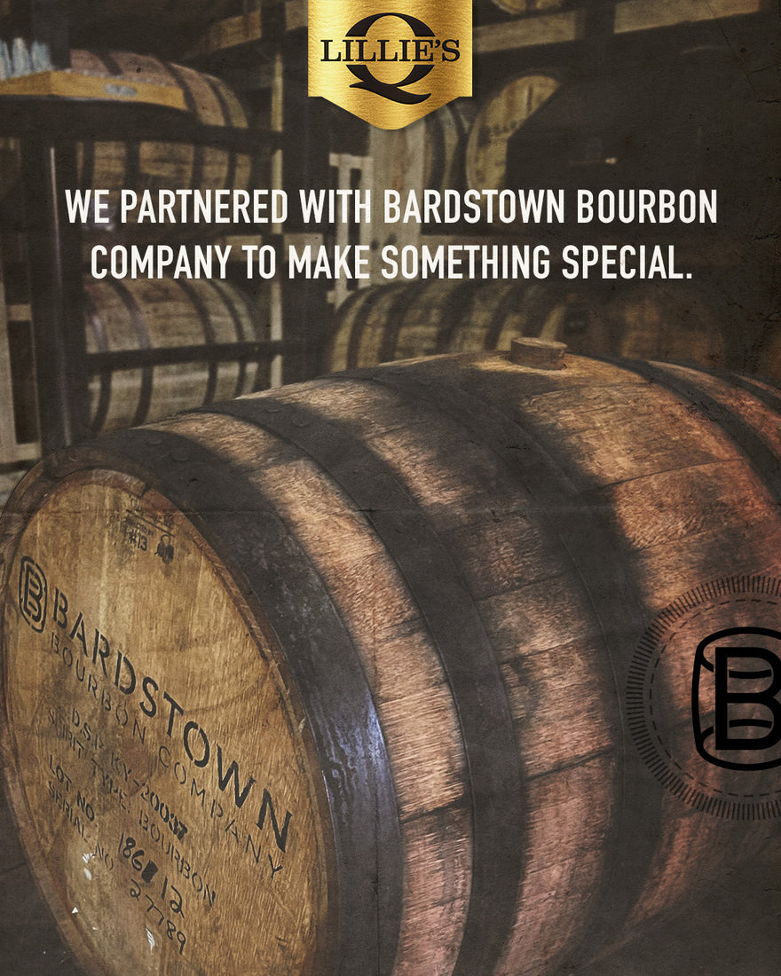 A promotional graphic featuring a large wooden bourbon barrel in a dark warehouse setting, with text reading 'WE PARTNERED WITH BARDSTOWN BOURBON COMPANY TO MAKE SOMETHING SPECIAL.' A gold Lillie's logo appears at the top, and Bardstown branding is visible on the barrel.